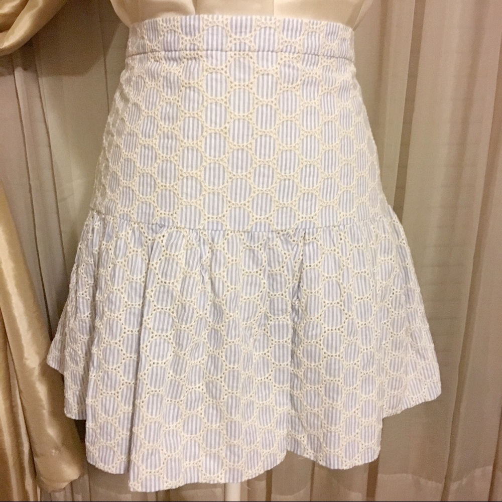 J Crew Blue White Embroidered Seersucker Skirt - Picture 2 of 6